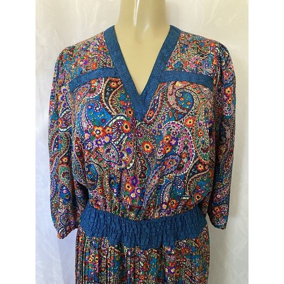 Diane Freis Midi Maxi Dress Paisley 3/4 Sleeve V Neck Elastic Waist V ne… - Picture 9 of 12